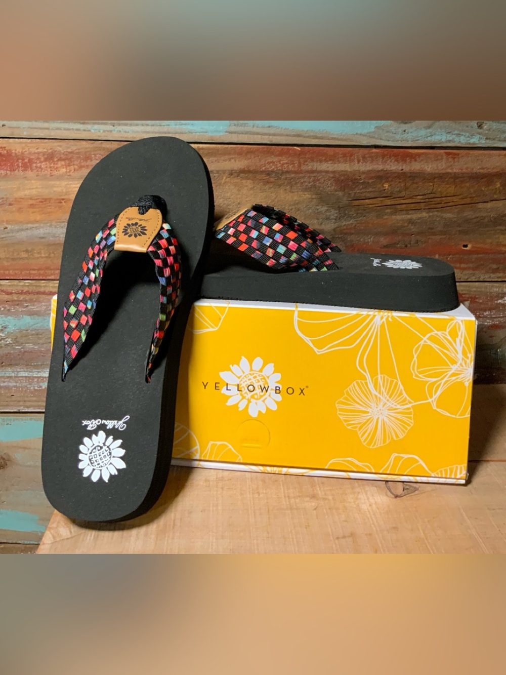 Yellow Box Black Wedge Sandals with Multicolor Woven Straps